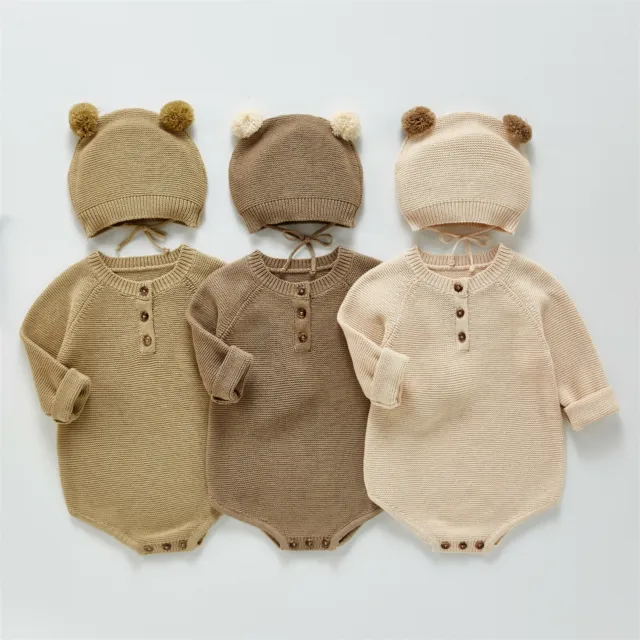 Baby Newborn Girls Boys Knitted Solid Sweater Romper Bear Ear Hat Outfits Set