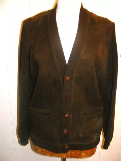 Vintage 1960s Gents cardigan Glenhusky Scotland wool & suede leather front 42"