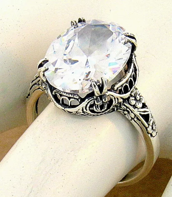 Nouveau Antique Style Cubic Zirconia 925 Sterling Silver Filigree Ring      #946