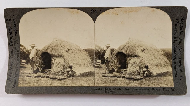Vintage Keystone View Company Stereo Card Hawaiian Grass Tiki Hut Thatched Hale