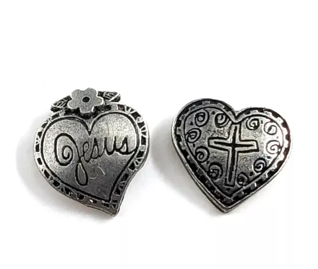 VTG Cross & Jesus Religious Heart Silver Tone Pins Tie Tacks Christian Lot of 2