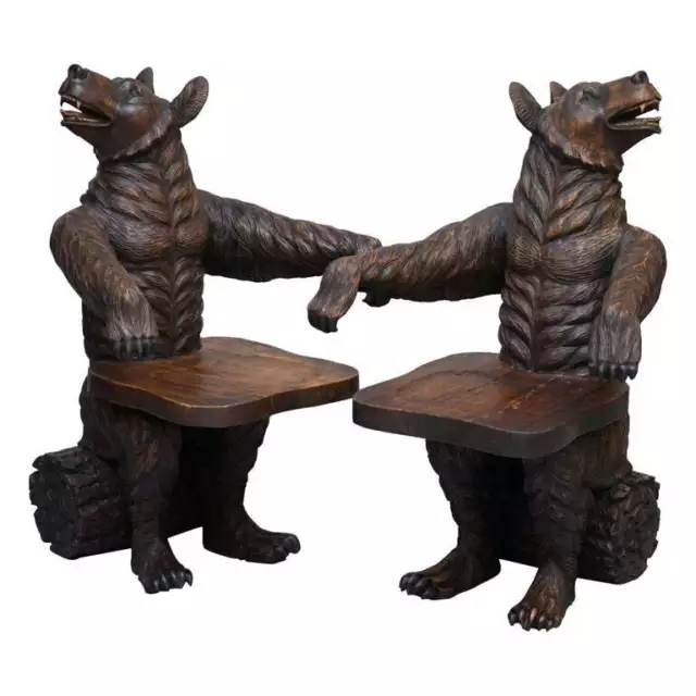 Very Rare Pair of Original Early 20th Century Black Forest Wood Bear Armchairs