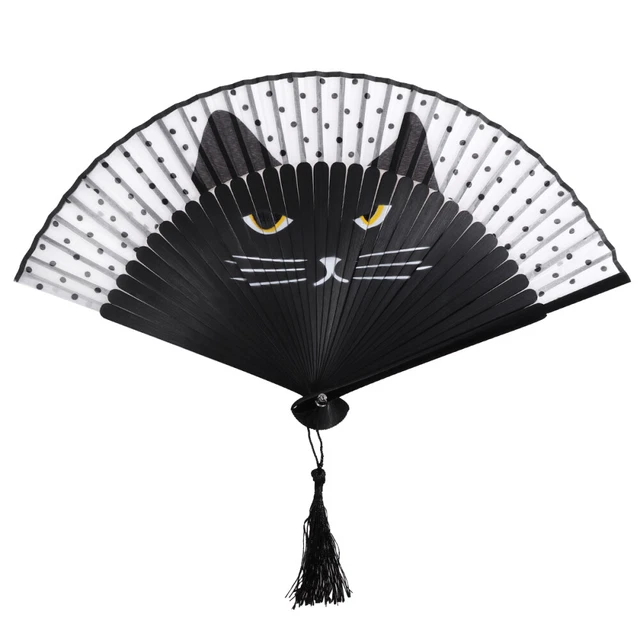 4 éventails Ronds Pliants Motif Chaton - 20cm Déplié, Polyester, Léger, Parfait Fête & Voyage - 7