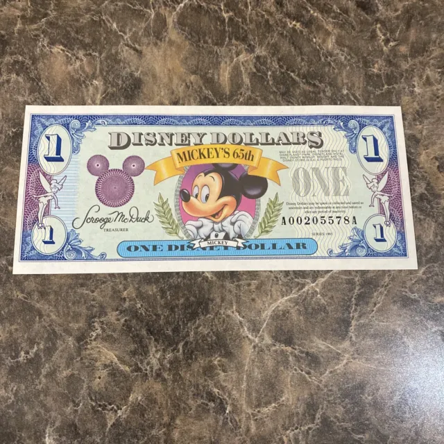1993 $1 One Disney Dollar Mickey Mouse 65th Anniversary Note As pictured