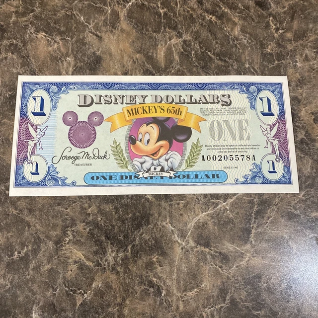 1993 $1 One Disney Dollar Mickey Mouse 65th Anniversary Note As pictured