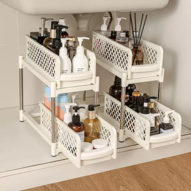 2-Tier Under Sink Storage Basket Organiser Multi Purpose Office Bathroom Kitchen