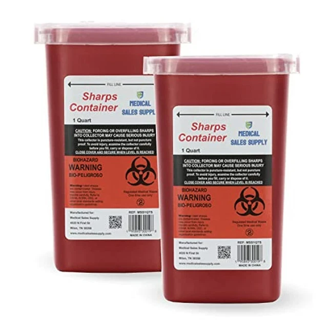 1 Qt Biohazard Needle and Syringe Disposal Sharps Container with Flip Lid 2 Pack