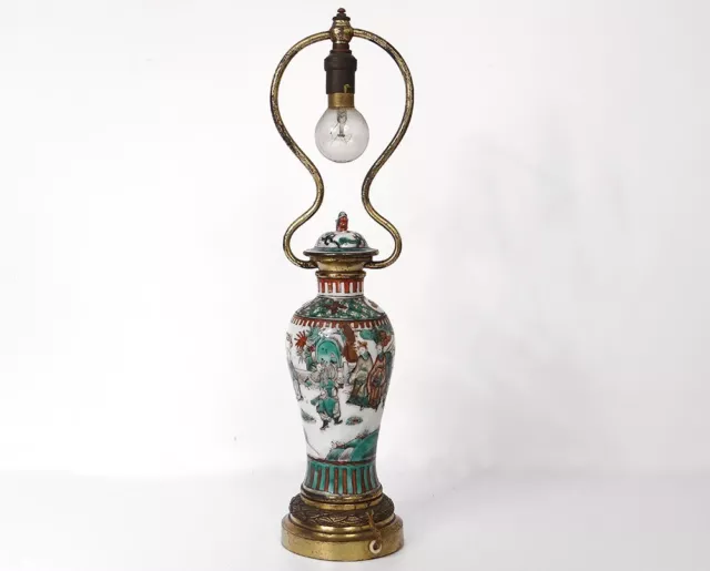 Lampe Porzellan Chinesisch Topf Bedeckt Figuren Landschaften Bronze 19. Jhd.