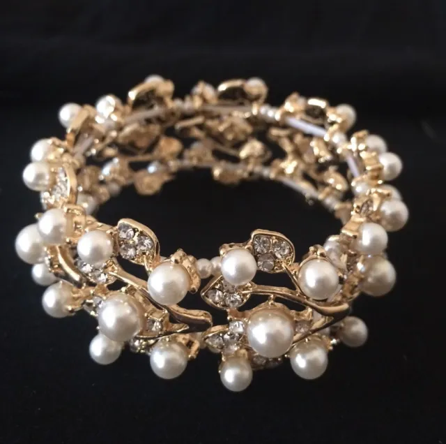 Gold Bridal Wedding Luxury Adjustable Crystal Pearl Bracelet Jewellery