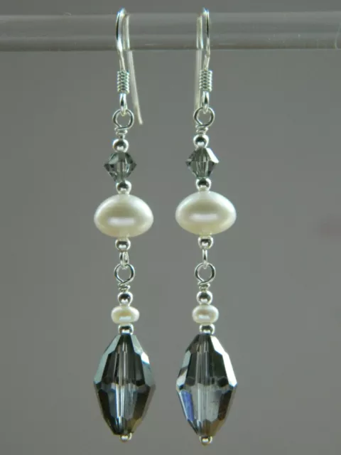 Vintage Grey AB Glass, Freshwater Pearls, Swarovski Crystal, 925 Silver Earrings