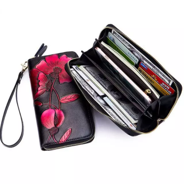 Women Genuine Leather Long Wallet Printing Phone ID Card Holder Handbag New