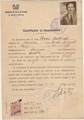 ITALY-EGYPT old Rare Nationality Certificate Tied Revenues Cairo 1924