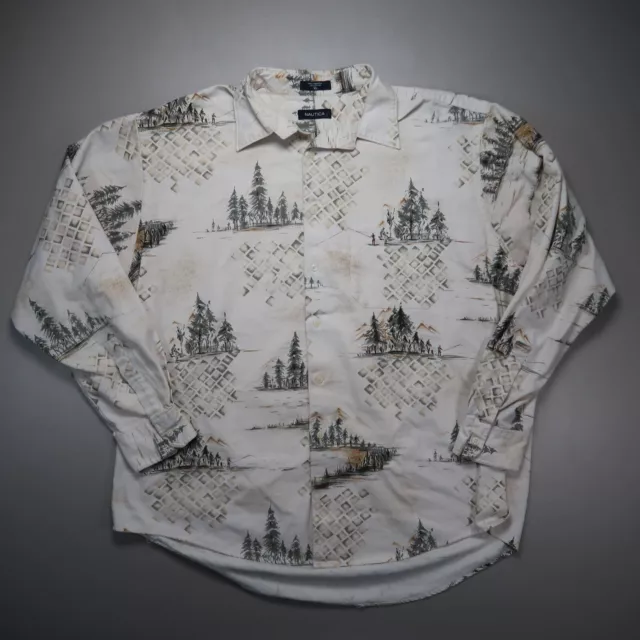 Vintage Nautica Shirt Mens Extra Large White Cream Fishing All Over AOP N1983 XL