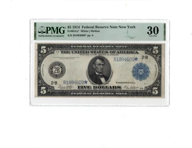1914 $5 Federal Reserve Star Note New York Fr.851a* PMG-30