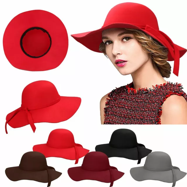 Women Vintage Sun Cap Wide Brim Wool Felt Bowler Fedora Hat Floppy Beach Fashion 3