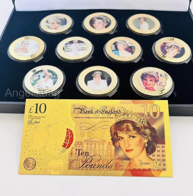 Princess Diana x10 Gold Plated Coin Set+ Diana £10 Pound Bank Foiled Note 2