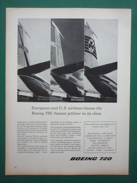 1960'S Pub Boeing 720 Aer Lingus Irish American United Air Lines Original Ad