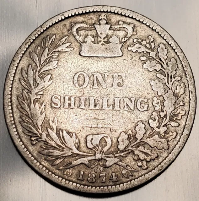 1874 Great Britain One 1 Shilling Silver Coin Queen Victoria 2