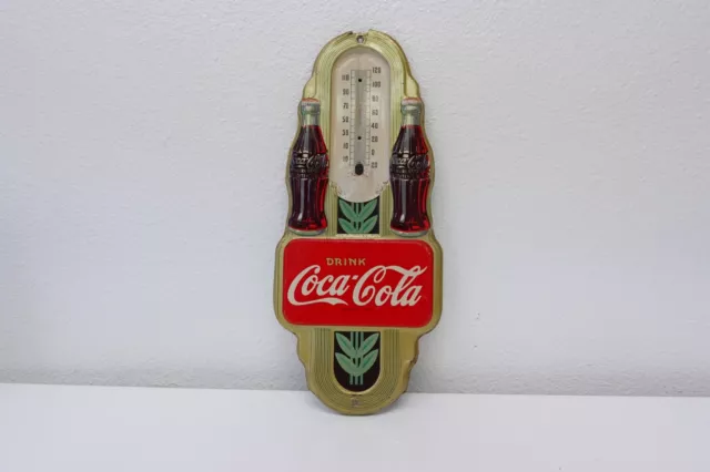 1941 Art Deco Two Bottle Coca-Cola Tin Thermometer Sign