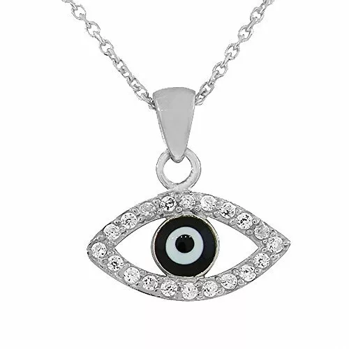 Sterling Silver White Crystals CZ Womens Hamsa Evil Eye Pendant Necklace