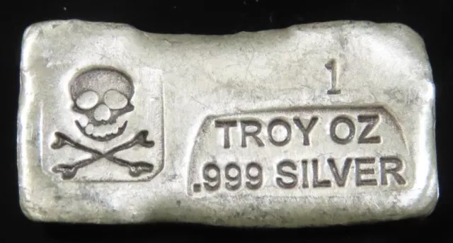 1 OZ Prospector's Gold & Gems Skull & Bones Poured 999 Fine Silver Loaf Bar