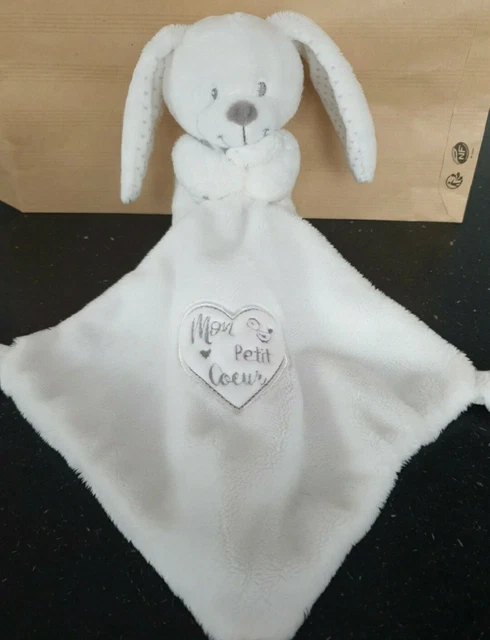 Doudou plat lapin pommette blanc mon petit coeur oreile  peluche brodé gris
