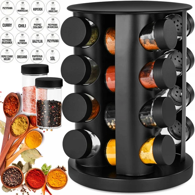 BLACK SPICE CAROUSEL Rack With16 Spice Jars & Shaker Insert Rotating ...