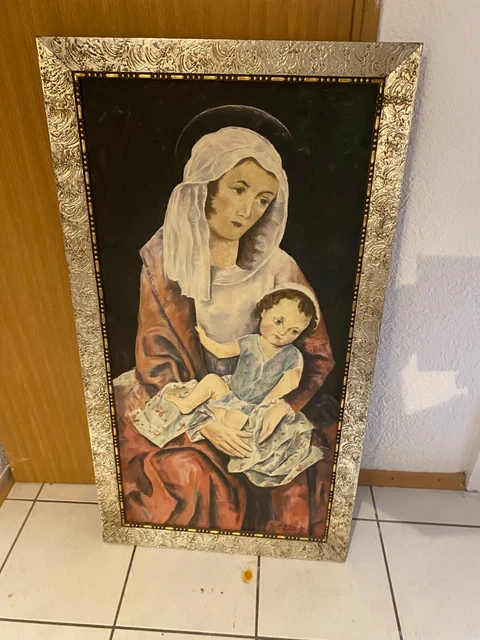 großes altes Öl-Gemälde Madonna mit Kind / signiert