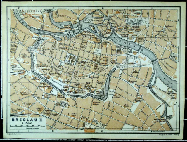 BRESLAU Innenstadt (Wrocław), alter farbiger Stadtplan, datiert 1914