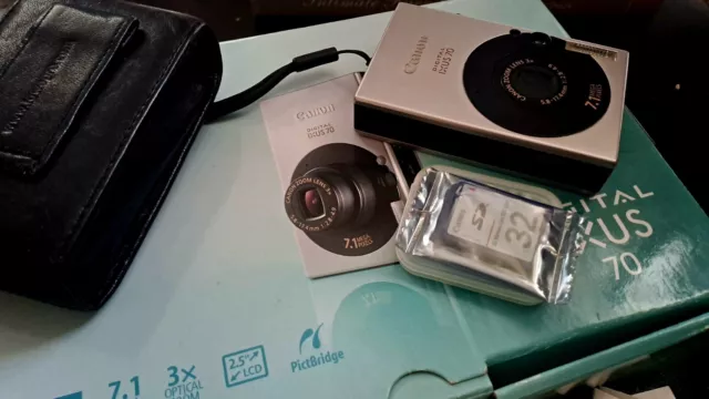 Canon Digital Ixus 70 Camera In Box With Leads, Memory Card , Leather Case Etc