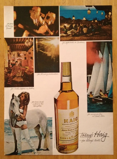 1967 Haig Scotch Whiskey Sexy Blonde Thigh High Boots & Bikini Photo Vintage Ad