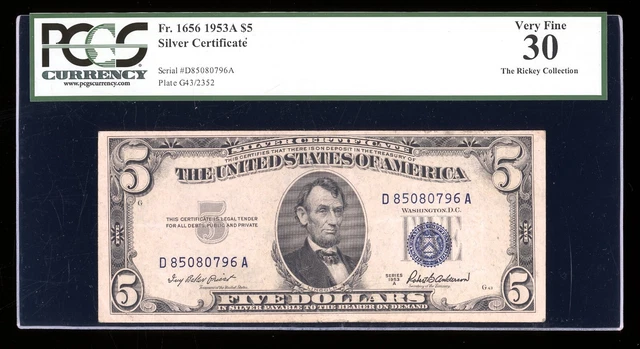 DBR 1953-A $5 Silver Fr. 1656 DA Block PCGS 30 Serial D85080796A