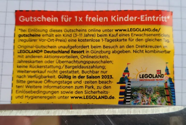 1 x Gutschein freier Kinder  Eintritt Legoland Günzburg Saison 2023 Rabatt