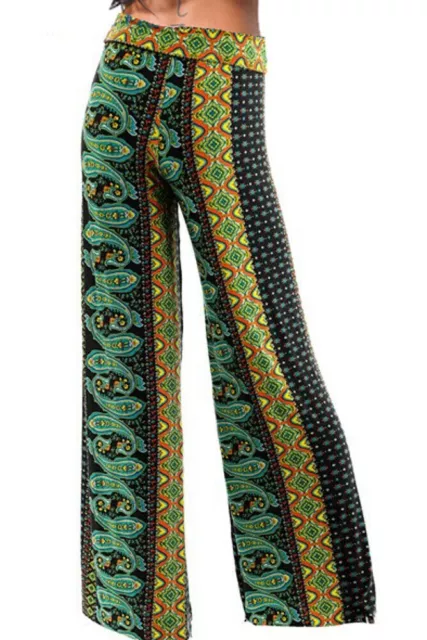 Palazzo Pant Wide Leg Green Paisley Print Silky Yoga Pants Size Large 3