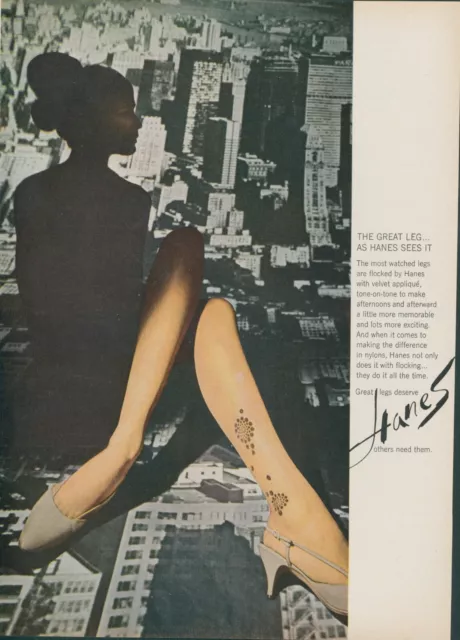 1965 Hanes Pantyhose Velvet Applique Legs City Skyline Aerial Vtg Print Ad GH2