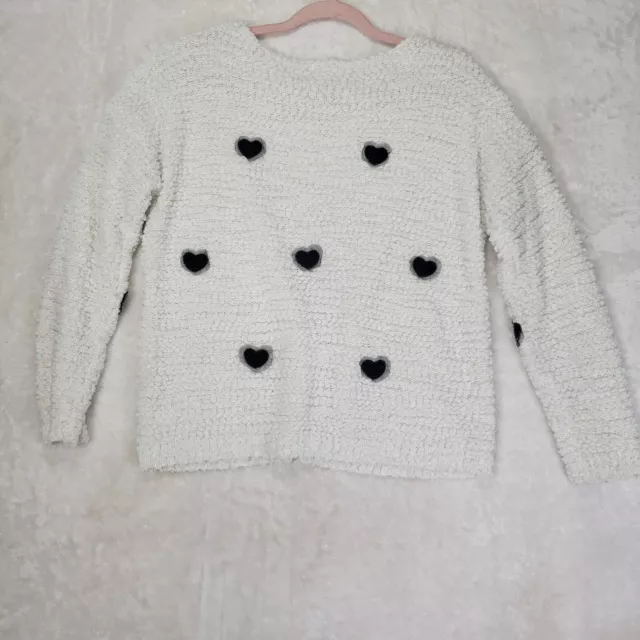 Love By Design L Woman's Sweater Ivory w/ Black Hearts Applique 2