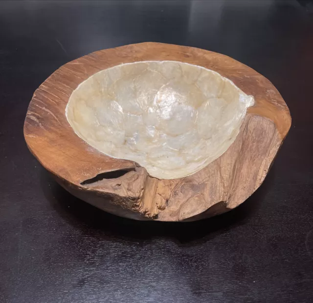 Large Hand Crafted Wood Shell Inlay Home Décor Bowl