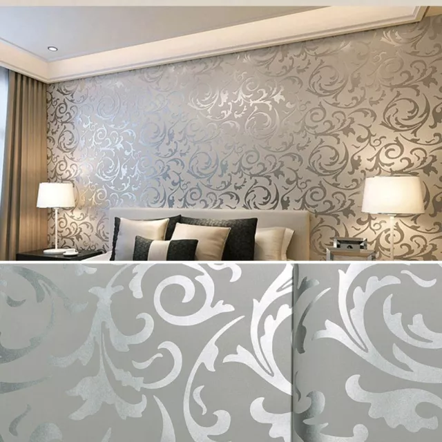 Silver Grey Damask Embossed Wallpaper Textured Victorian Home Decor Wall Paper