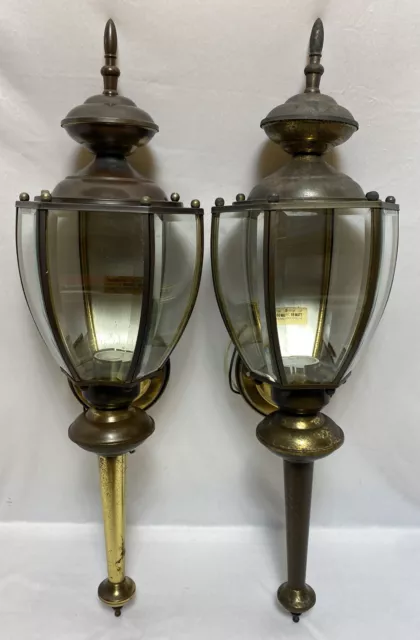 Vintage Pair of Brass & Beveled Glass Outdoor Wall Sconce Coach Lights 25"