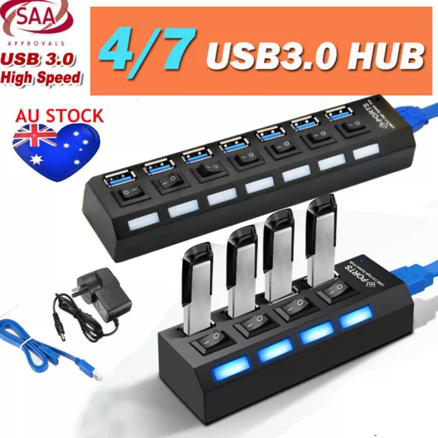 4/ 7 Ports USB 3.0 HUB Powered +High Speed Splitter Extender PC AC Cable Adapter