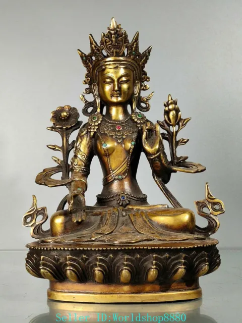 11.4''Ancient Tibet Buddhism Temple Bronze Gilt Gem White Tara Goddess Sculpture