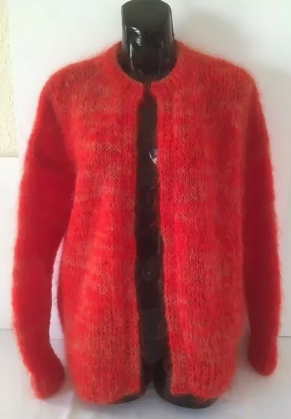 Red Hand Knitted Fluffy Mohair Acrylic Mix L/S Edge To Edge Jacket Size M Bn!!