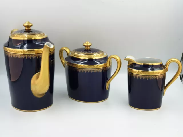 Partie de service à thé 3 pcs Porcelaine Limoges Bleu de Four & Or Guérin XIXe