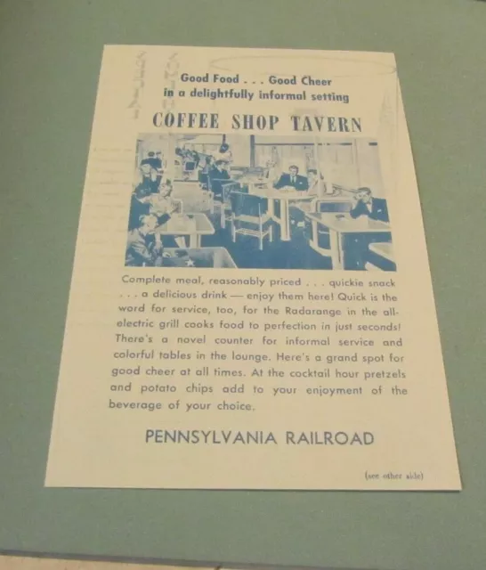 1957 Pennsylvania Railroad Coffee Shop Tavern Flyer Vintage Travel Souvenir