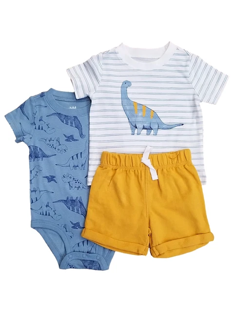 Carters Infant Boys 3Pc Outfit Blue Dinosaur Bodysuit, Shirt & Shorts Set