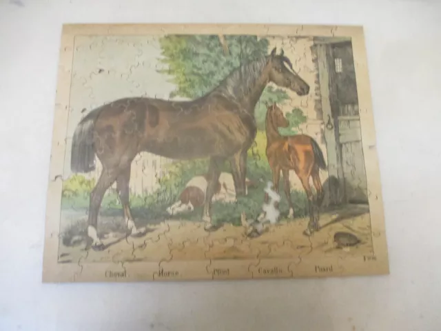 x-27204	Antik Pferd Holzpuzzle lithographiert 390 x 320mm ,mit Gebrauchsspuren