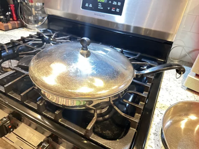 Vintage Farberware Aluminum Clad Stainless Steel 12" Skillet Frying Pan w/ Lid