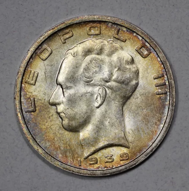 1939 Belgium Leopold III Silver 50 Francs Toned