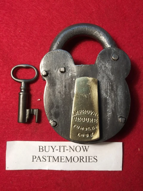 1860's ENGLAND IMPROVED WROUGHT IRON PADLOCK w/ KEY, OLD VINTAGE ANTIQUE LOCK