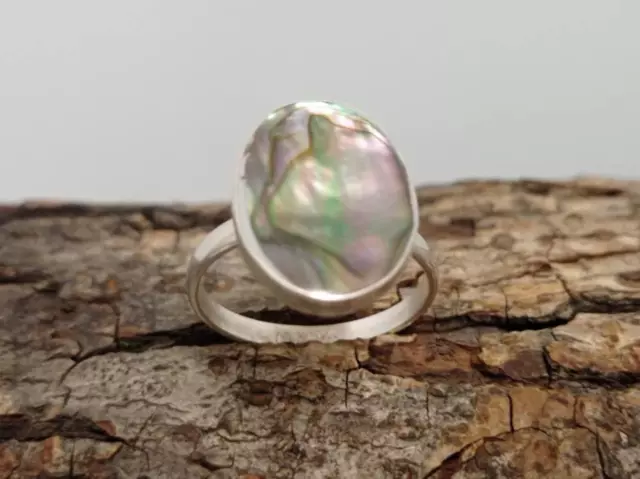 Oval abalone mexican ring ,Silver plated ring,iridescent ring,geometric ring,mex